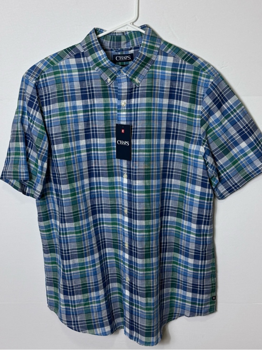 Chaps Blue and Green Plaid Short-Sleeve Button-Down Shirt